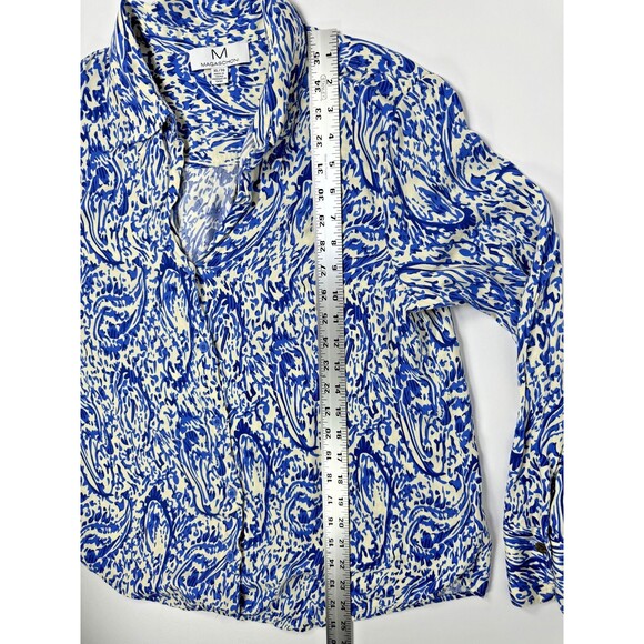 Magaschoni Blouse Womens XL Blue White Paisley Abstract Button Front Long Sleeve - Picture 9 of 12